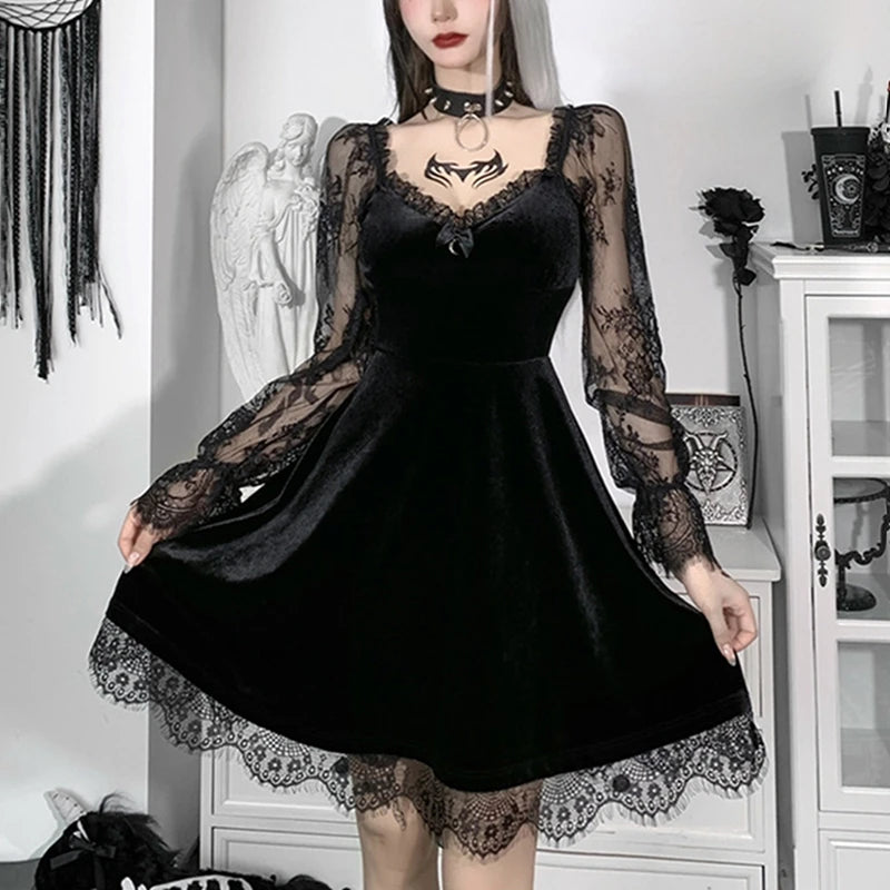 Women's Dress Gothic Style Female Dress Solid Color Lace Stitching V-Neck Long Flare Sleeve Party Clubwear For Ladies Y2k
