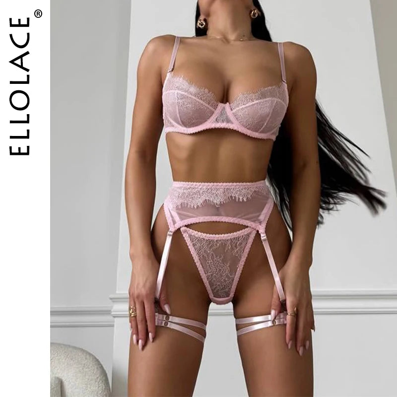Ellolace Fancy Lingeries Sexy Hot Elegant Bra 3PC Set with Leg Circles Sissy Solid Color Intimate Eyelash Lace Patchwork Costume