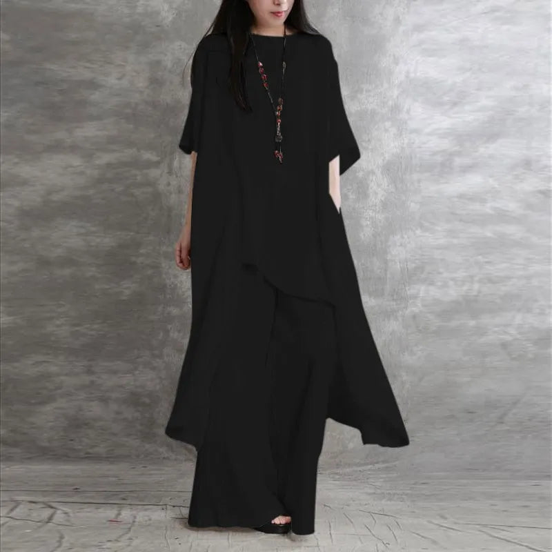 Loose Casual Cotton Linen Two Piece Set Fashion Round Neck Irregular Half Sleeved Extended Top Elastic Waist Wide Leg Pants Set