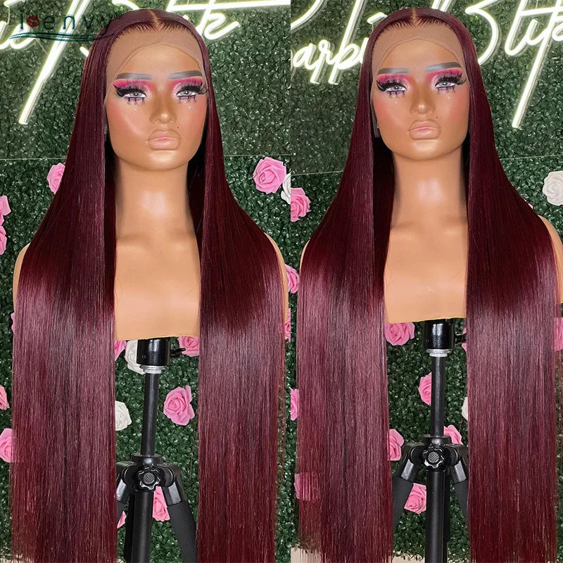 99J Red Colored Lace Front Human Hair Wigs Silky Straight 13X4 13X6 Burgundy Hd Transparent Pre Plucked Lace Frontal Wigs 180%