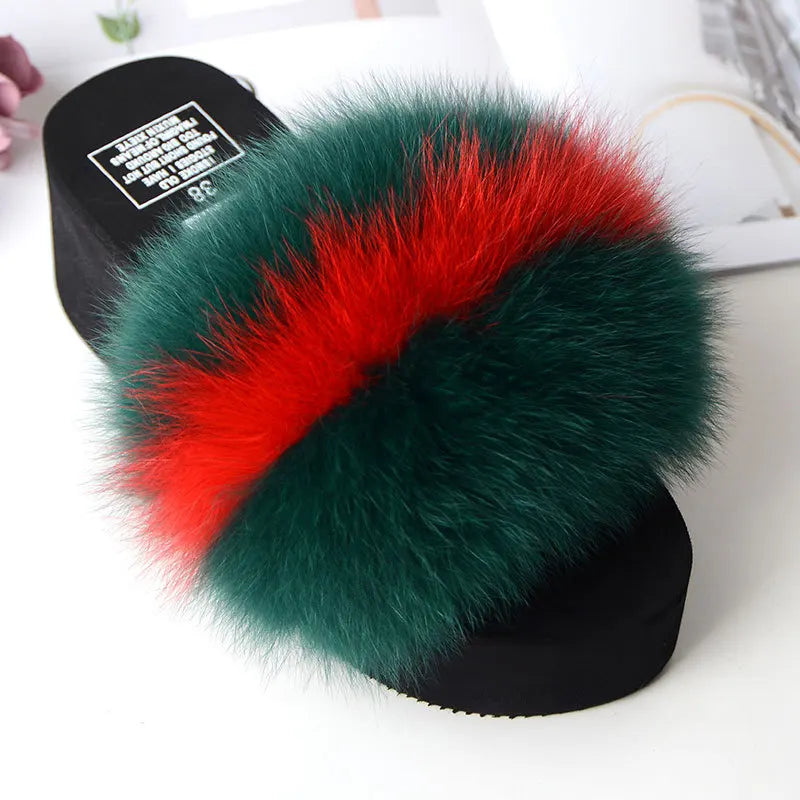 Women Fox Fur Slippers Woman Fashion Sandals Girls Casual Fur Slides 7cm Thick Sole Summer Platform Shoes Modern Slippers Wedges