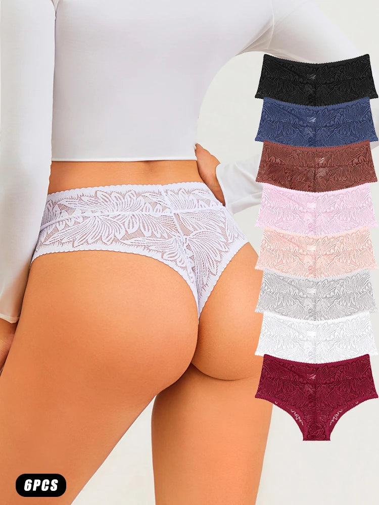 6pcs Women's Sexy Lace Panties Seamless High Waist Transparent Briefs Solid Color Hollow Breathable Female Underwear Large size
