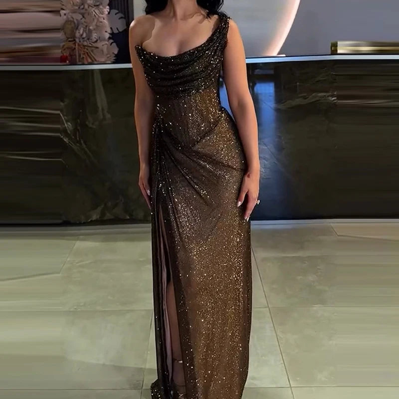 Casual Club Party Sequin Long Dress Fashion Asymmetric Slim Off Shoulder Dress Ladies Sexy Sleeveless Hollow Out Cocktail Dress