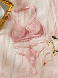 Sexy Lingerie Set Pink Floral Embroidery Lace Sheer Mesh Push Up Bra Thin Bra Panty Matching Underwear Sets Valentine's Gift