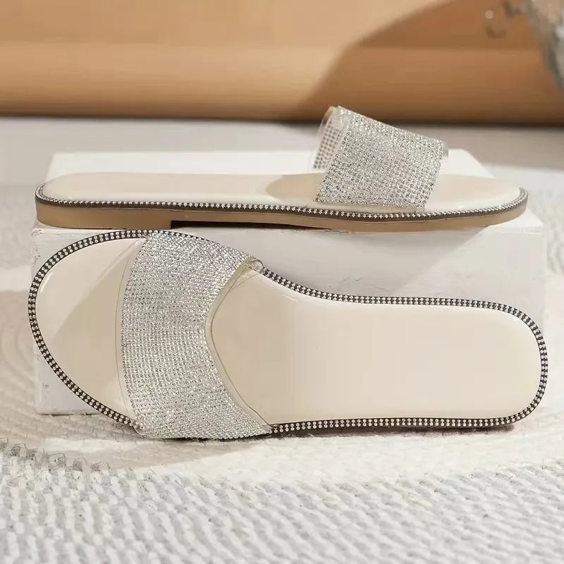2024 New Shiny Rhinestone Fashion Ladies Slippers Outdoor Women Roman Shoes Flat Sandals Female Casual Beach Crystal Slides