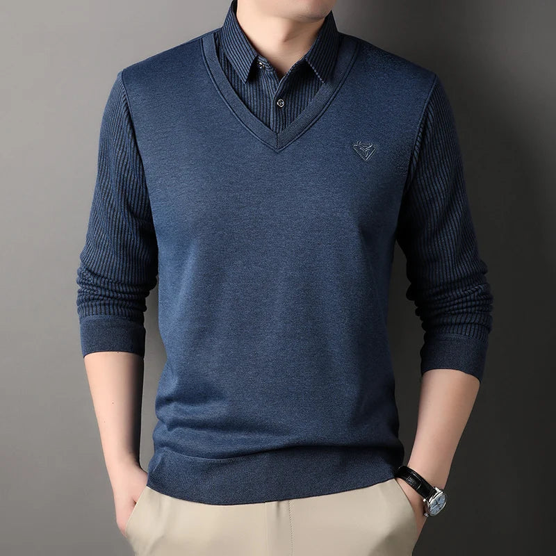 New Autumn Men's Polo Collar Shirts Fashion Knitting Pullovers Striped Thick Polo Shirts Slim Fit Korean Mens Top Clothes
