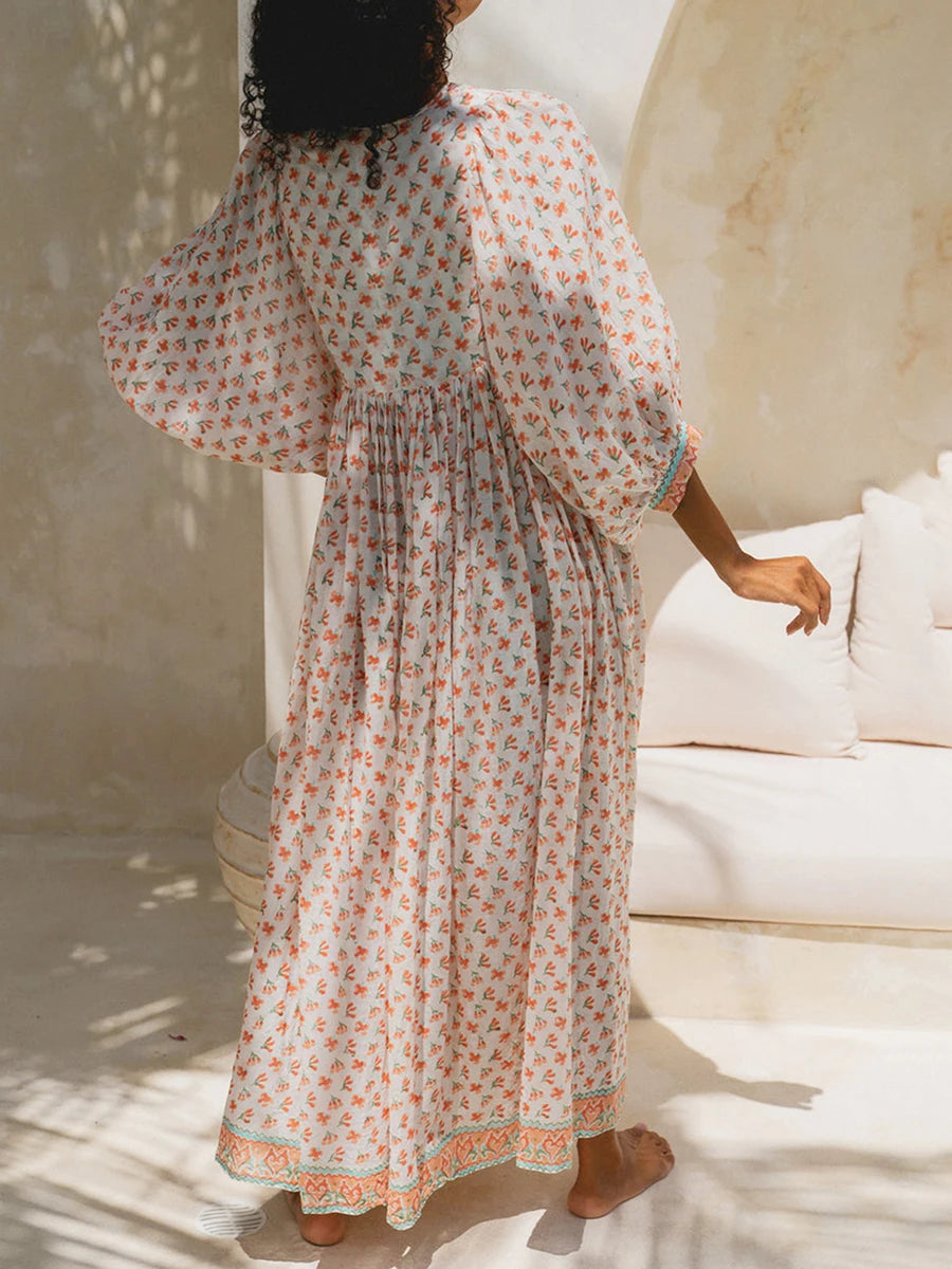 Women Floral Maxi Dress Y2k Boho Printed 3/4 Lantern Sleeve V Neck Dress Holiday Beach Loose Swing Sundress Party Clubwear