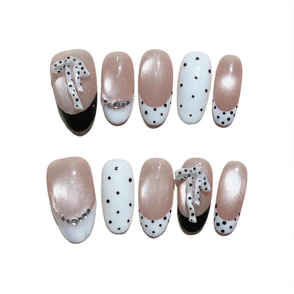 10pcs Medium Oval Handmade Press On Nails Kit, Nude & White Fake Nails, Gentle Elegant Wearable Nail Art, Bow