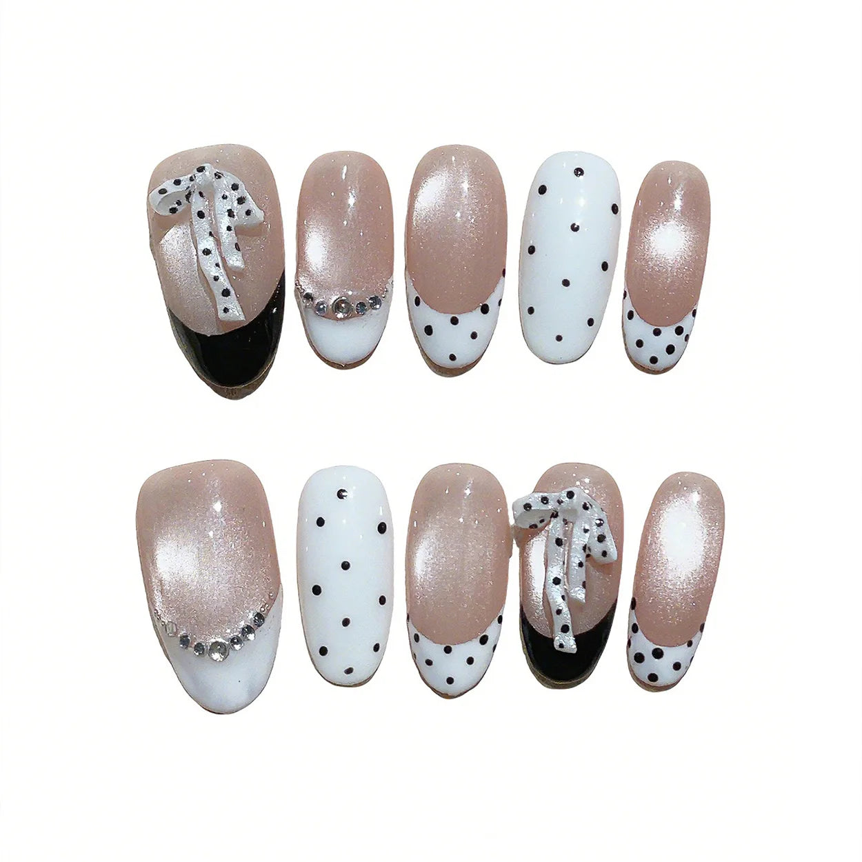 10pcs Medium Oval Handmade Press On Nails Kit, Nude & White Fake Nails, Gentle Elegant Wearable Nail Art, Bow
