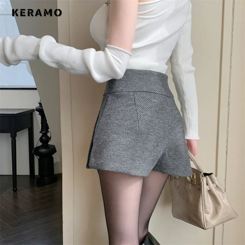 Double-Breasted Simple Woolen A-Line Mini Skirt Women's Autumn Winter Sexy Bodycon Short Pants Versatile High Waist Skirt