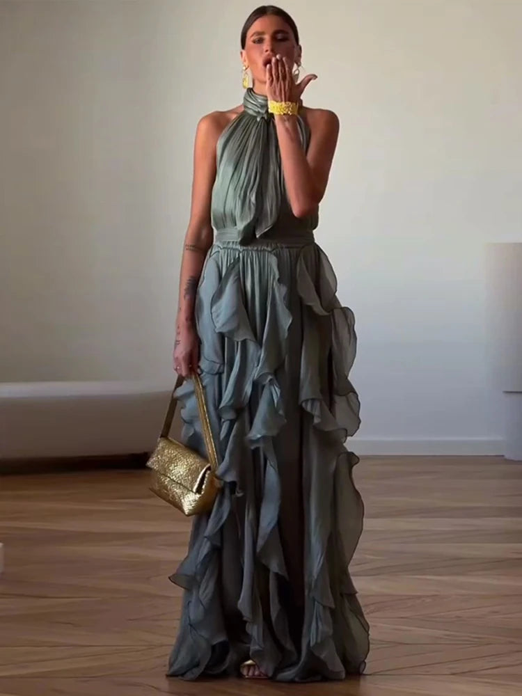 Fashion Halter Ruffle Long Dress Women Chiffon Sleeveless Ruffled Tiered Waist Cinching Party Dresses Lady Holiday Y2K Chic Robe