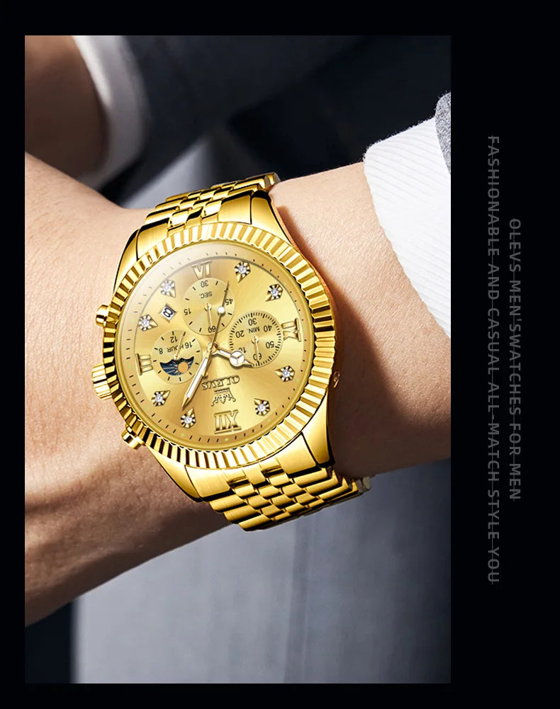 OLEVS Brand Luxury Gold Black Quartz Watch for Men Stainless Steel Waterproof Luminous Date Week Fashion Men Watches Reloj Hombr