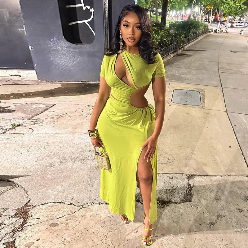Sexy Hollow Out Ruched Split Bodycon Maxi Dress Women Short Sleeve O-neck Holiday Vacation Nitht Club Party Long Dresses Vestido