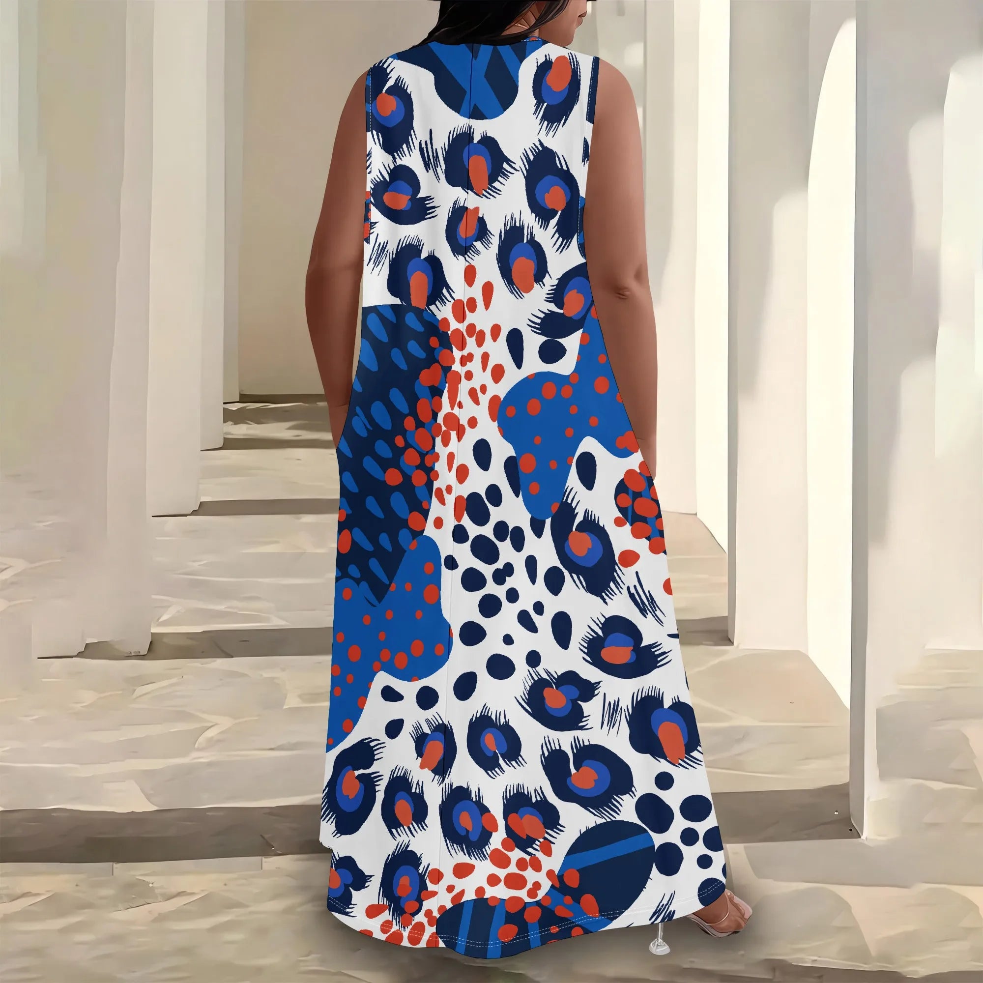 Plus Size Women's  Summerl Fashion Printed  African Style Sleeveless Round V Neck Dress Loose And Casual Dress