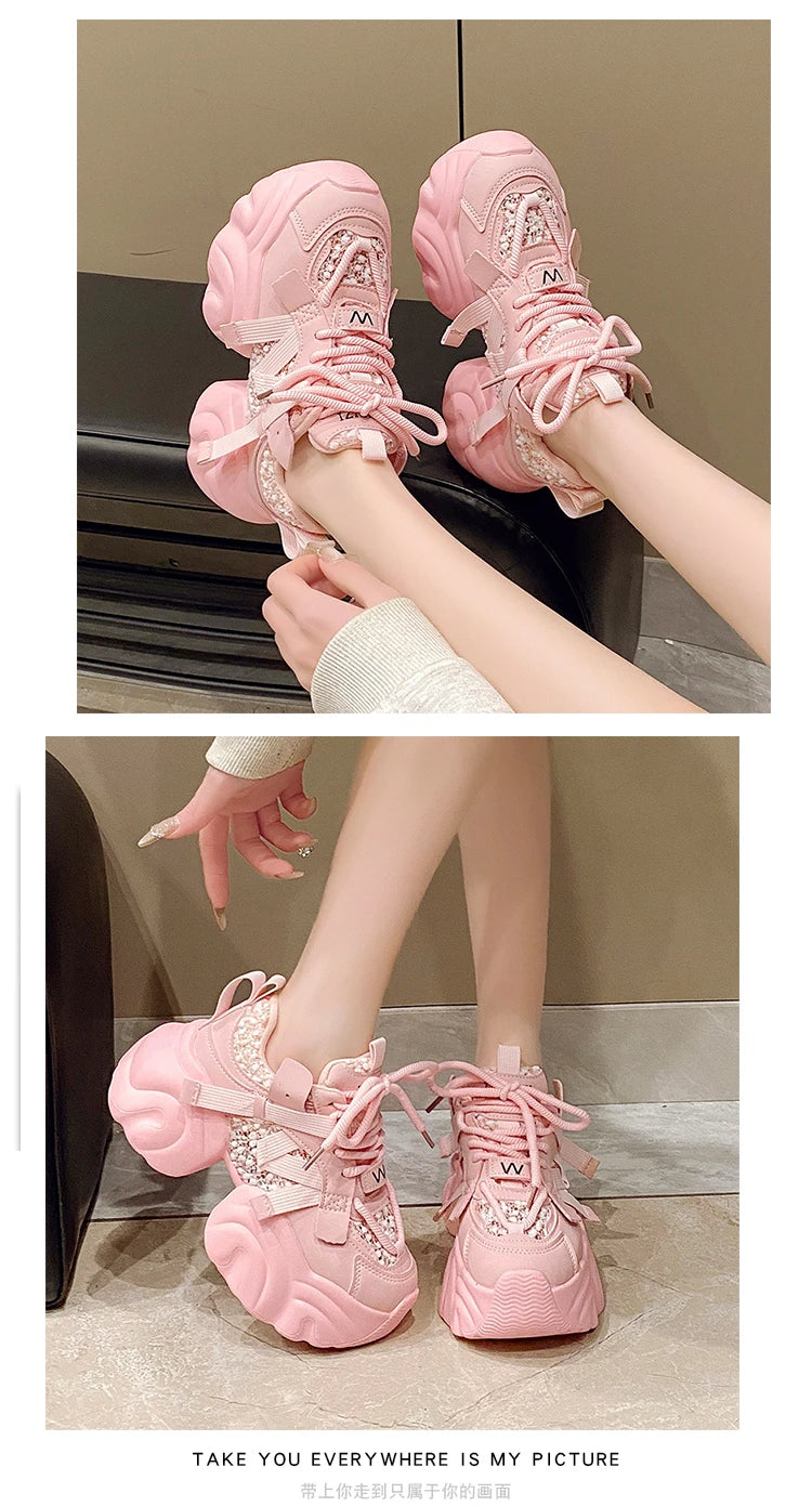 7CM Fashion Spring Autumn Sneakers Women Lace Up Chunky Platform Sports Dad Shoes Woman Comfort Casual Shoes Zapatillas Mujer