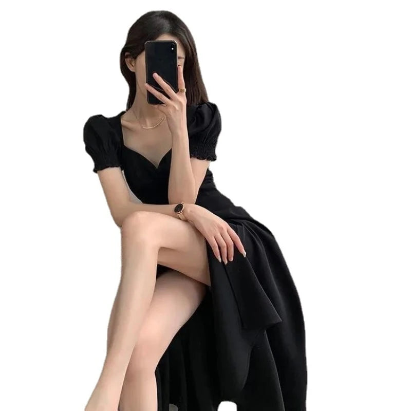 Solid Puff Short-Sleeved Elegant Slit Dress New Fashion Women V-neck Full Dresses Ladies High Waist Slim Evening Party Vestidos