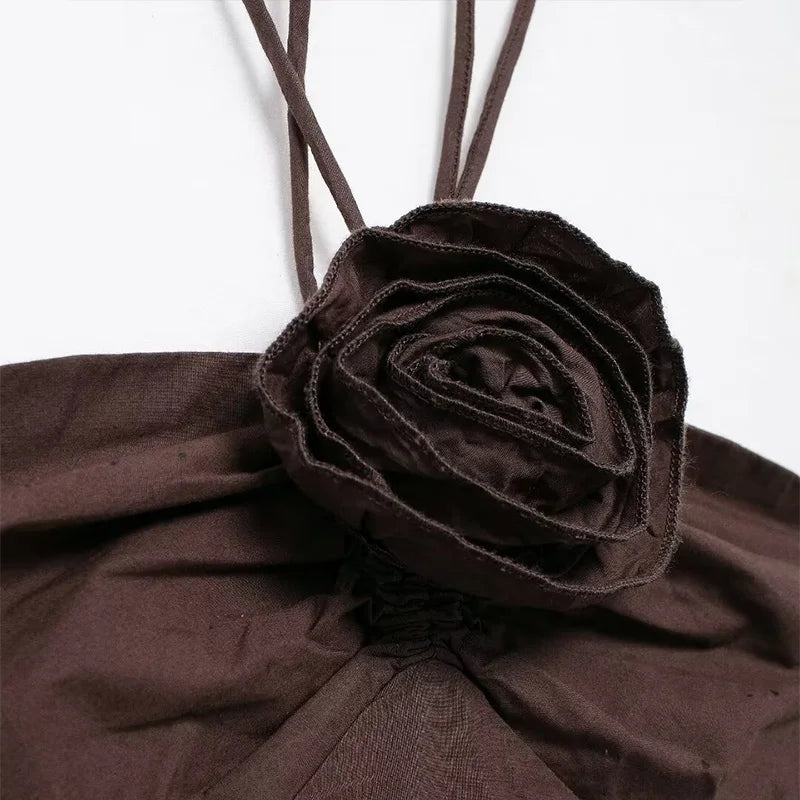 Elegant 3D Flower Long Dress Women Halter Backless Pleated Female Pary Dresses 2024 Fashion Street Sleeveless Solid Lady Robes