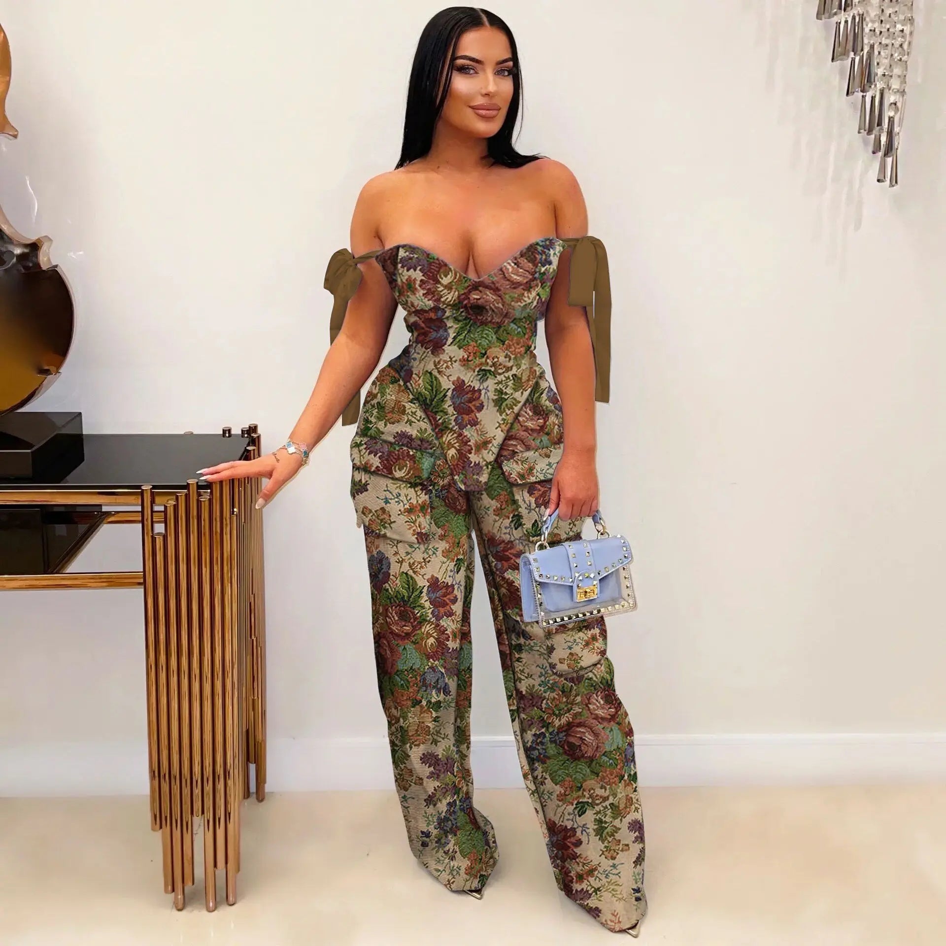 2 Piece Sets Women Print Top Straight Pants Suit Multiple Pockets Strapless Floor Length Trousers Ensemble 2025 Sexy Outfits
