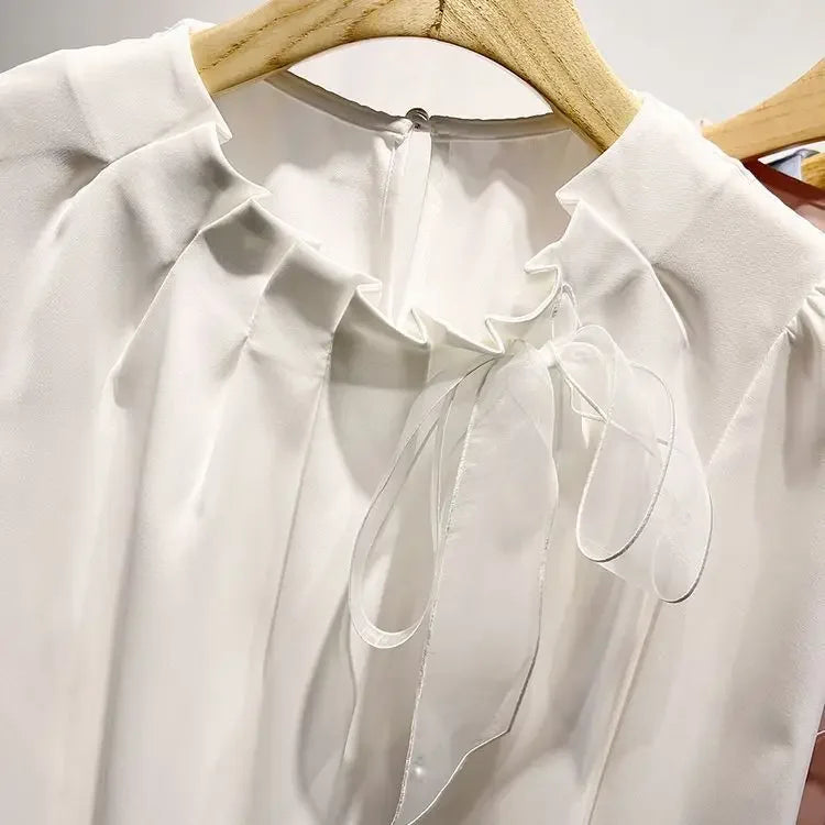 Women Stylish Ruffled Bow Lace Up Chiffon Blouses Office Lady Elegant Chic Commute Shirts Korean O Neck Long Sleeve Loose Tops