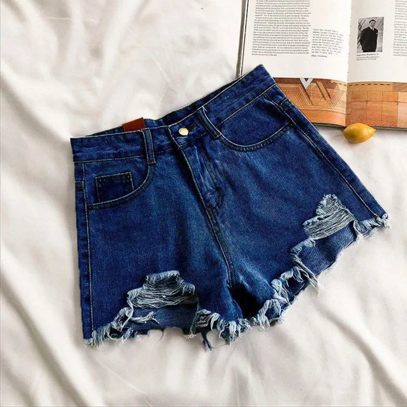 Korean Denim Shorts Women Summer Fashion Casual High Waist Ripped Jeans Pocket Tassel Hot Pants Streetwear Blue Trousers
