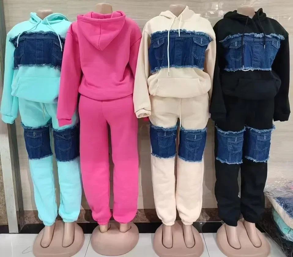 Pants Set Women Two Piece Sets Hooded Matching Sets Sweatshirts Long Pants High Waist Denim Splice Y2k Casual Jogger 2025