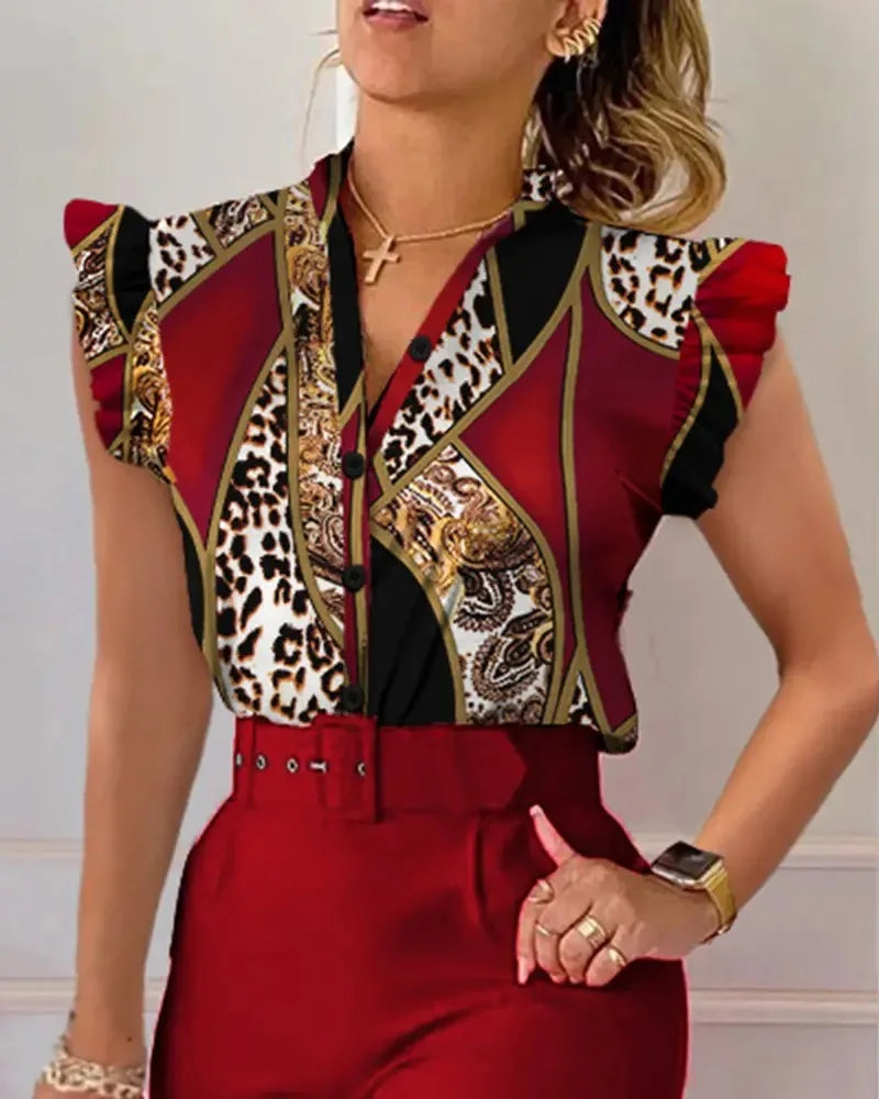 Spring Summer Women's New Printed Lotus Leaf Sleeveless Shirt Suit Elegant Slim Femal Office  Long Pants Belt Two Piece Set 2025