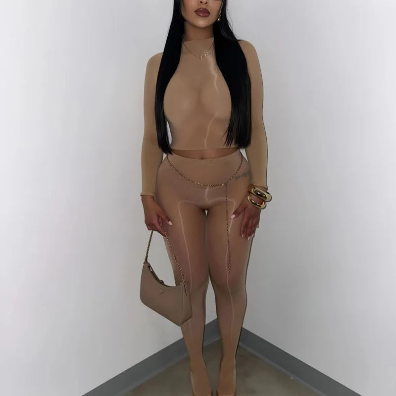 Sexy Women 2 Piece Set Stretchy Shiny See-through Crop Top and Skinny Pants Suits Female Night Clubwear Outfits