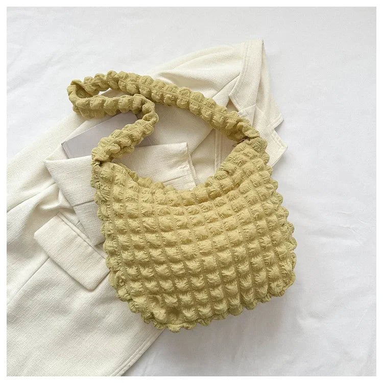 Fashion Pleated Design Shoulder Bag Cute Pleated Bubbles Solid Color Tote Bag Large Capacity Embroidered Satchel Bags Women