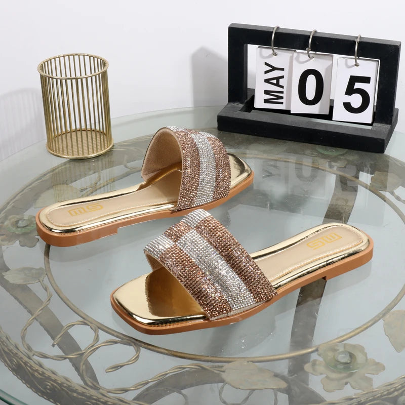luxurious slippers 2025 rhinestone square toe fashion wear sandals  elegant flat bottom women's slippers black ladies shoes