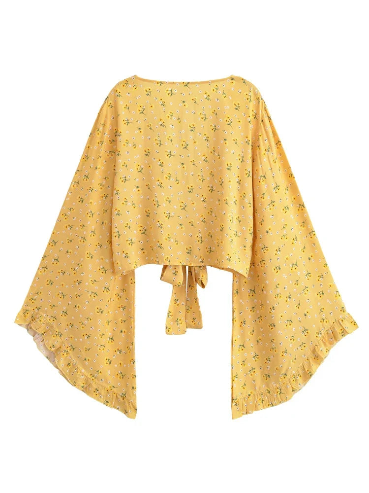Boho Queens Fashion Women Floral 2025 Beach Summer Short Kimono Ruffles Flare Sleeves Vacation Bohemian Bikini Boho Cover-ups