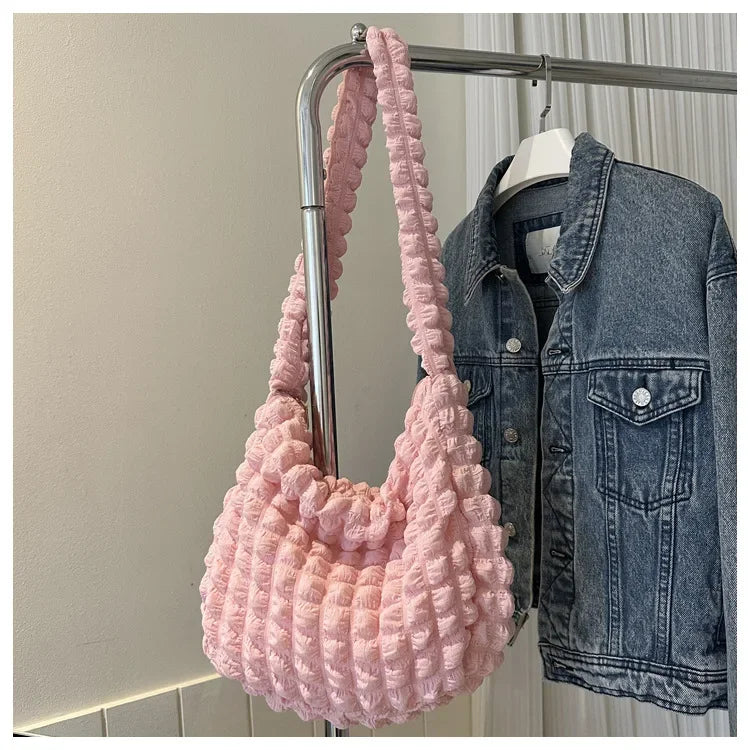 Fashion Pleated Design Shoulder Bag Cute Pleated Bubbles Solid Color Tote Bag Large Capacity Embroidered Satchel Bags Women