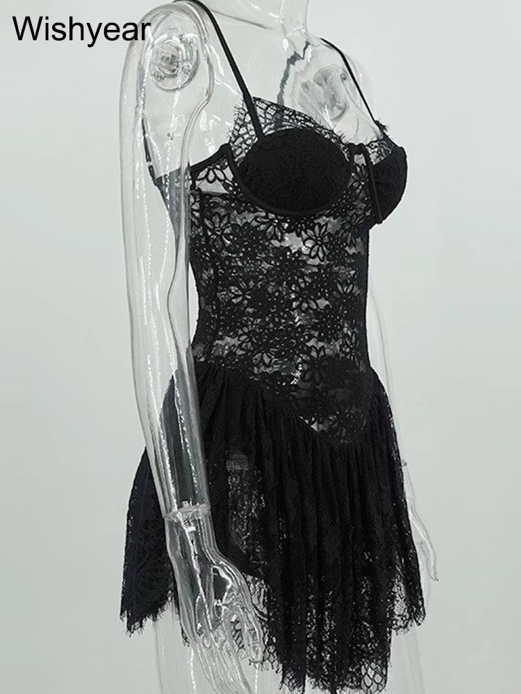 Wishyear Sexy Spaghetti Strap Lace See Through Bodycon Mini Dress Women Sexy Night Club Hot Girl Party Dance Bar Vestidos 2025