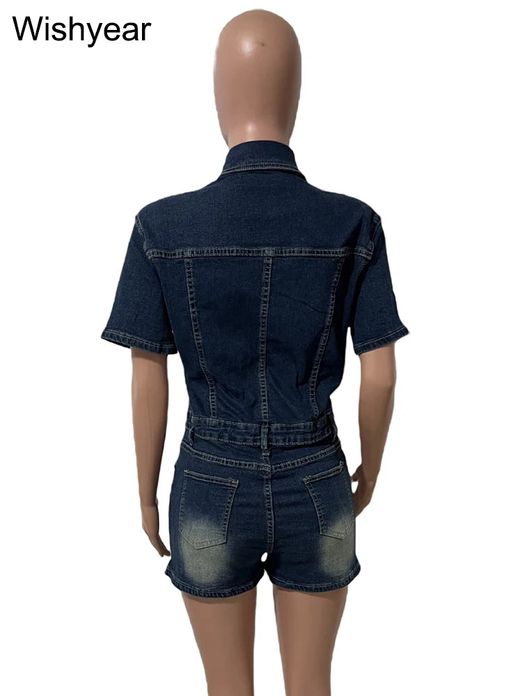 Fashion Denim Shorts Jumpsuits for Women Washing Short Sleeve Buttons Playsuits One Pieces Rompers Female Streetwear Overalls