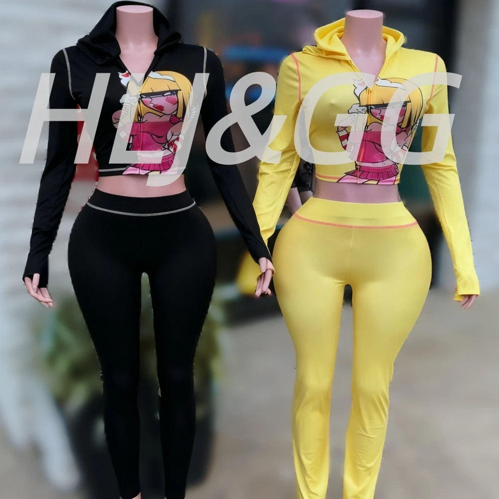 HLJ Y2K Trend Fashion Pattern Print Hooded Two Piece Sets Women Zip Long Sleeve Slim Crop Top + Skinny Pants Outfits Streetwear