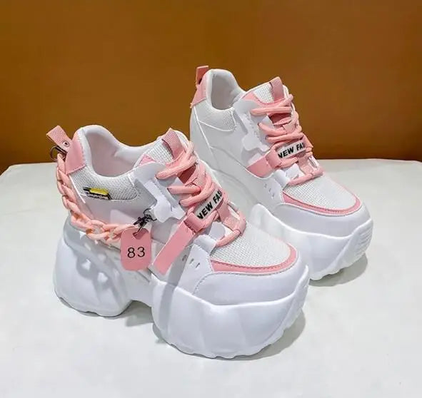 NEW Breathable Mesh 10CM Chunky Sneakers for Women Non Slip High Platform Sports Dad Shoes Woman Lace Up Thick Sole Casual Shoes