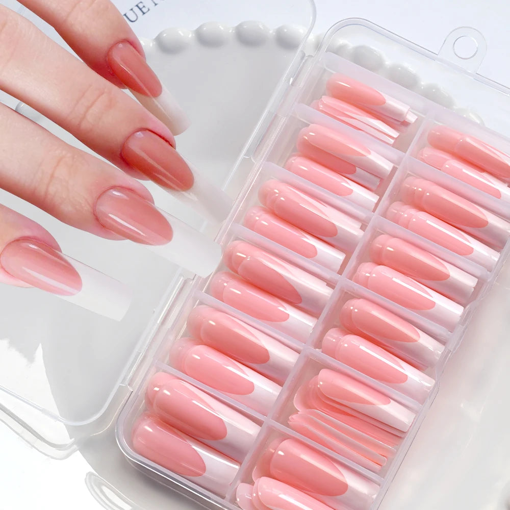 120Pcs Glossy Pink French Press On Nails 12-Sizes Long Square Fake Nails White Edge Design Full Cover False French Nails Tips t