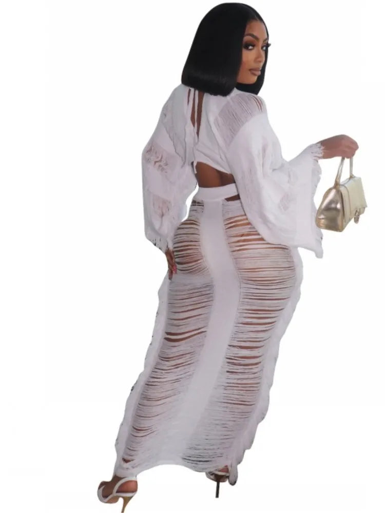 Swimwear Skirt Cover-up 2 Piece Set Women Crop Tops And Long Skirt Bathing Suit Fashion Solid Hollow Sexy Beach Cover Up Outfits