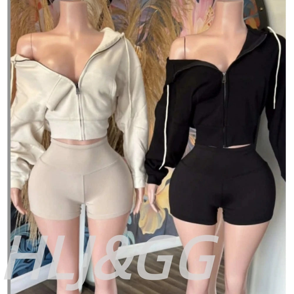 HLJ&GG High Quality Washed Casual Zip Hooded Two Piece Sets Women Long Sleeve Top+Biker Shorts Outfits Fashion Sporty Streetwear
