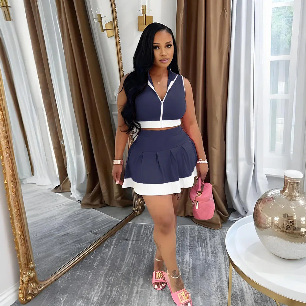 Women Two Piece Sets Shorts Skirt Set Zipper Sleeveless Sexy Tops Short Skirts A Line High Waist Y2k Streetwear Elegant Work