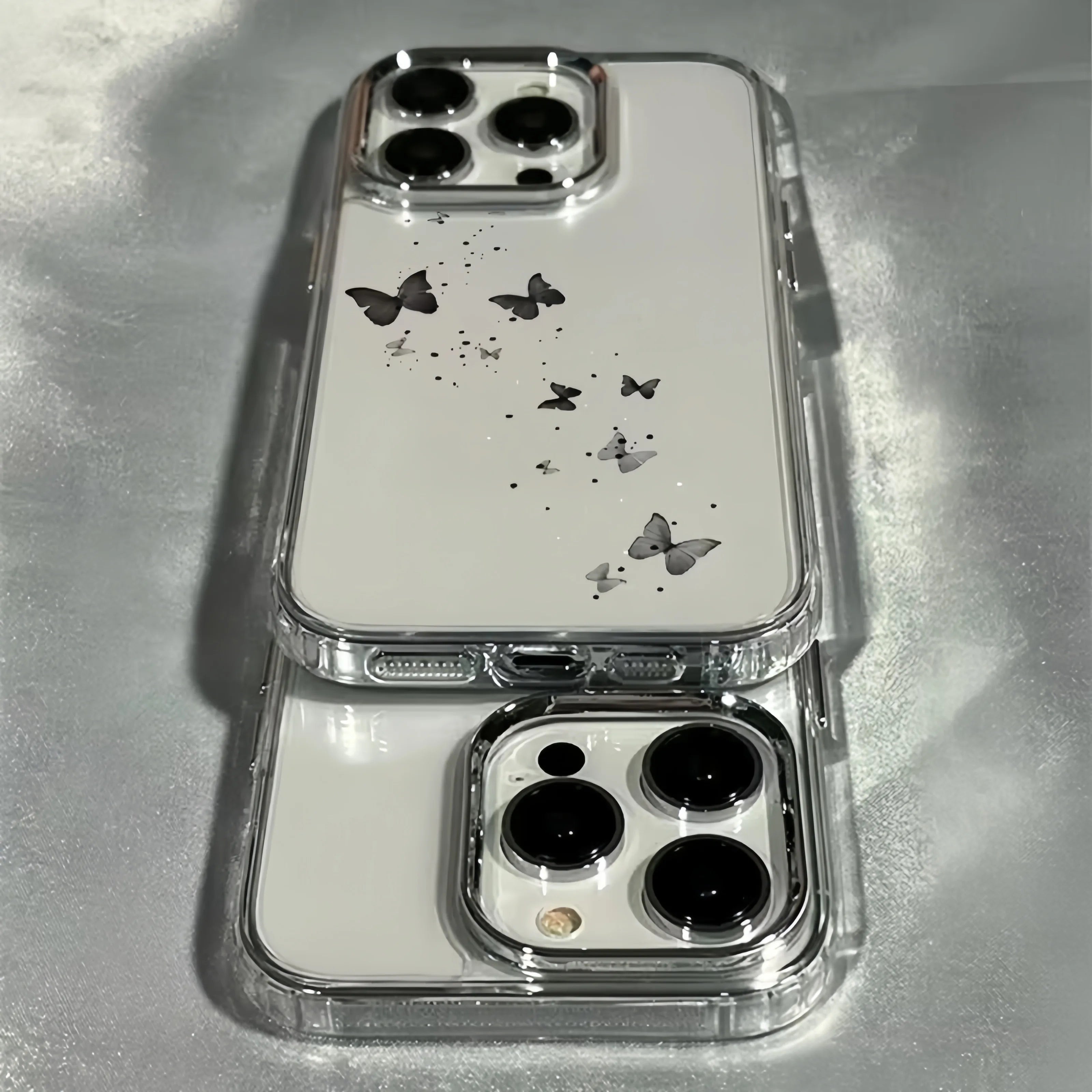Elegant Black Butterfly Metal Frame Transparent Phone Case For iPhone 17 16 15 14 13 12 11 Pro Max Plus Air 16E Soft Clear Cover