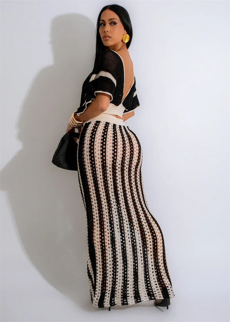 Striped Knitted Two Piece Set Women Outfit Y2K Clothes Clubwear Party Hollow Out V-neck Crop Top and Long Skirt Maxi Dress Sets