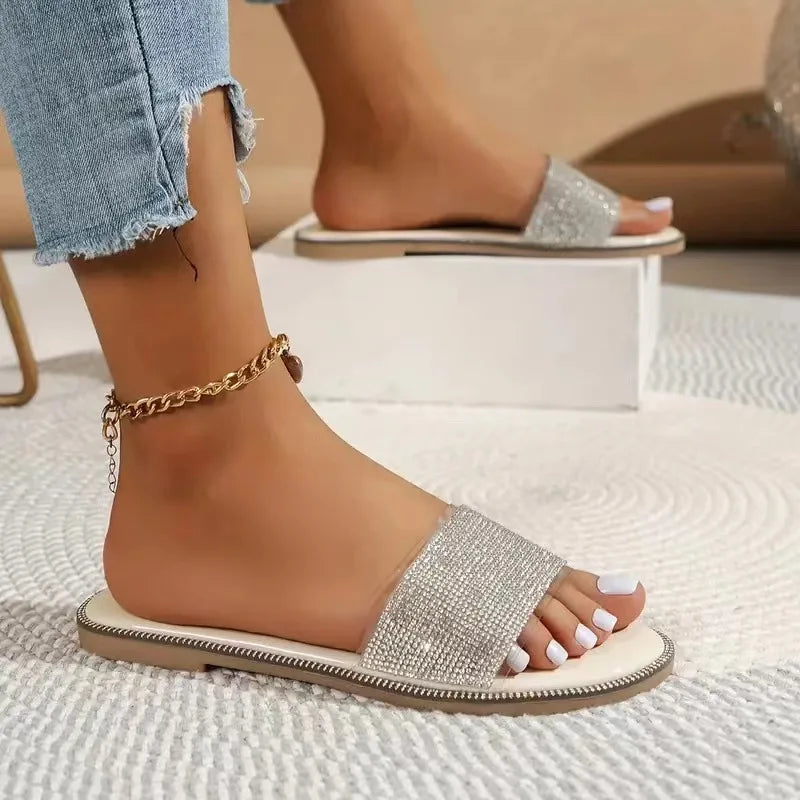 2024 New Shiny Rhinestone Fashion Ladies Slippers Outdoor Women Roman Shoes Flat Sandals Female Casual Beach Crystal Slides
