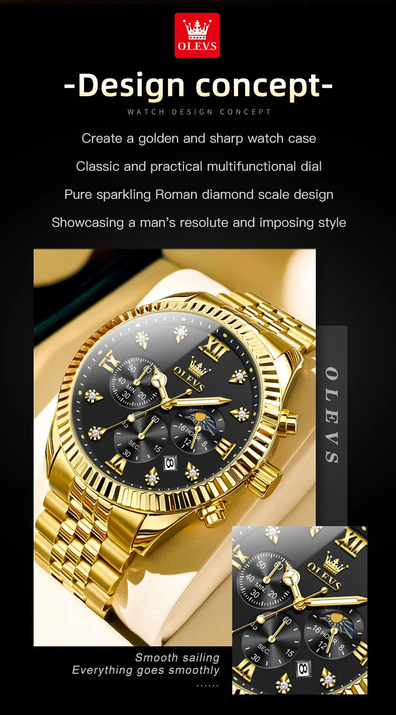 OLEVS Brand Luxury Gold Black Quartz Watch for Men Stainless Steel Waterproof Luminous Date Week Fashion Men Watches Reloj Hombr