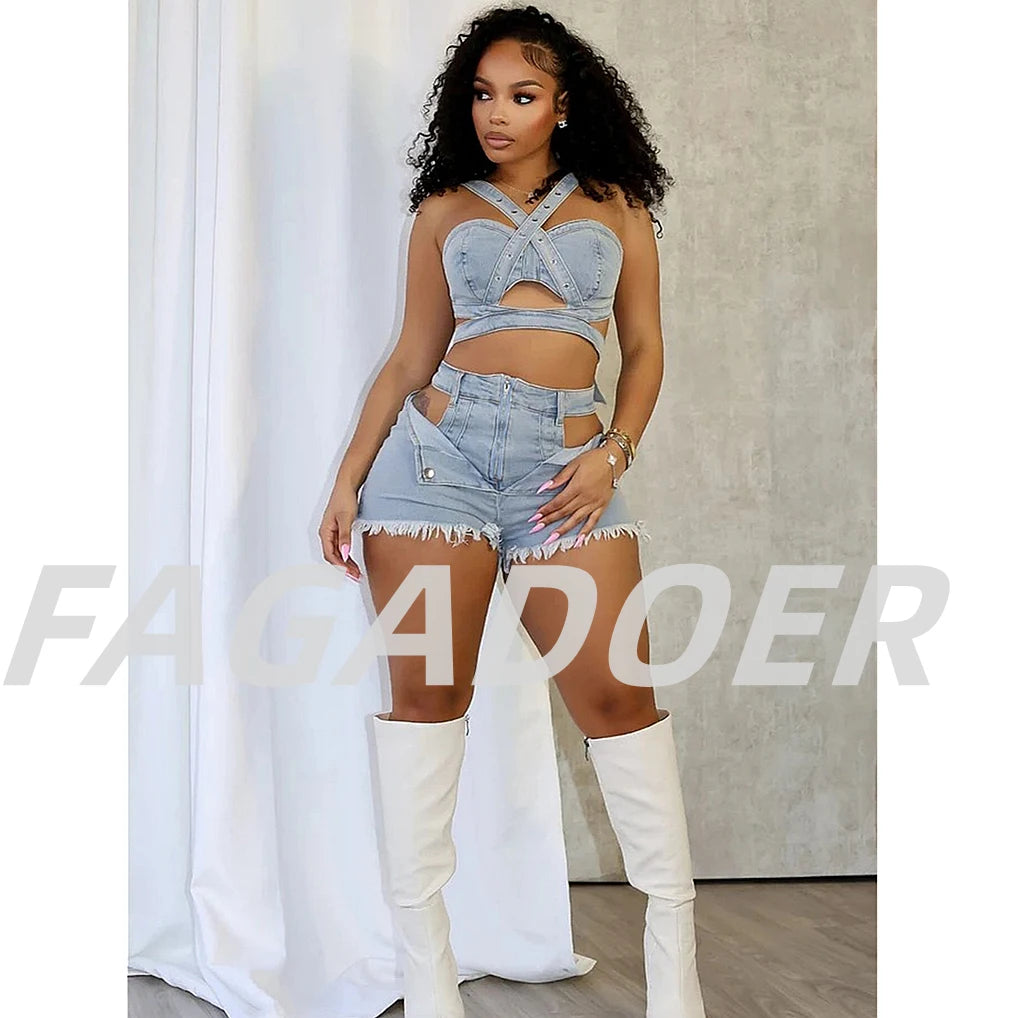 FAGADOER Summer New Sexy Denim 2 Piece Sets Woman Outfit  Y2k Streetwear Spaghetti Strap Sleeveless Crop Top and Shorts Suit