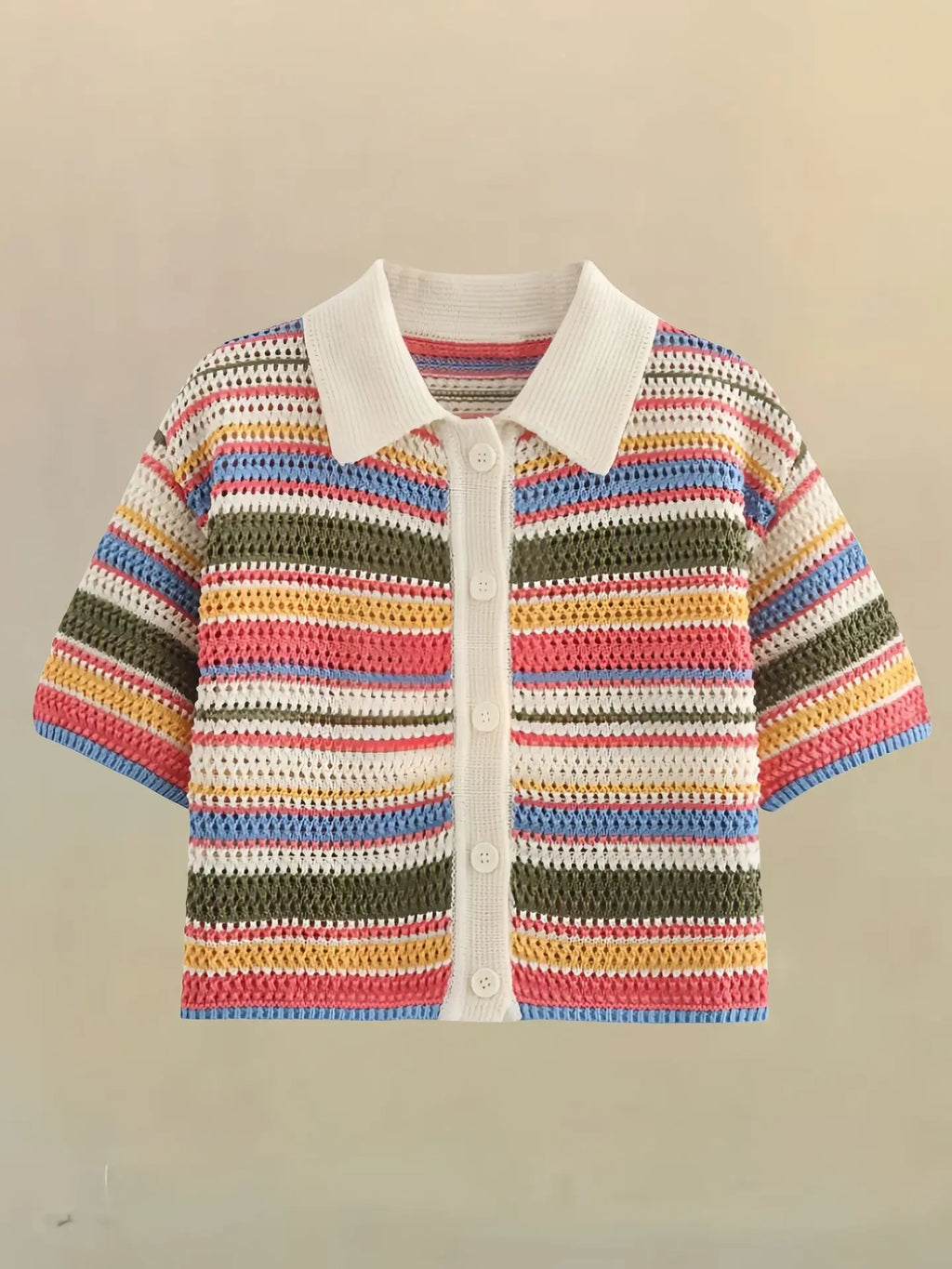 Women Patchwork Striped Hollow Out Crochet Knitted Crop Sweater Shorts Set Short Sleeve Polo Collar Sweater Knit Shorts Suit Y2K