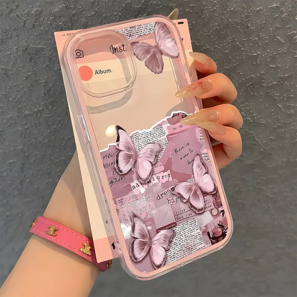 Pink Butterfly Collage Pattern Clear Phone Case For iPhone 11 12 13 14 15 16 17 Pro Max Air Plus 2 in 1 Candy Color Soft Cover