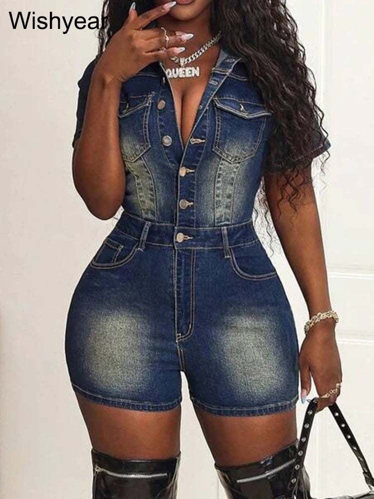 Fashion Denim Shorts Jumpsuits for Women Washing Short Sleeve Buttons Playsuits One Pieces Rompers Female Streetwear Overalls