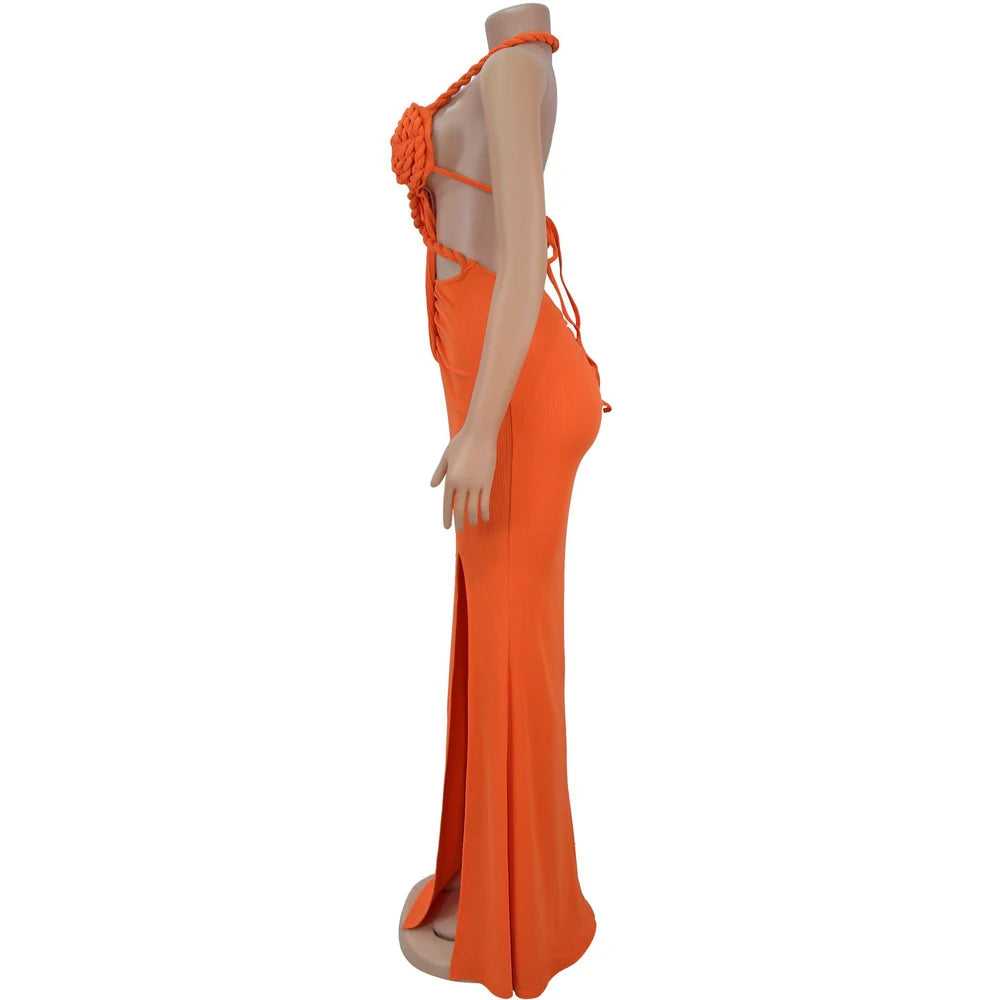 Hemp Rope Halter Neck Stacked Ruched High Slit Knit Bodycon Knotted Maxi Dress for Women Summer 2025 Birthday Sexy Party Dresses