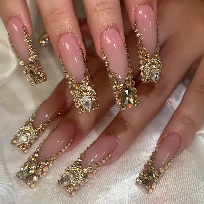24pcs French Bow Press on Nails Extra Long Coffin Pink Sweet Nails Tips Love Pearl Diamond Fake Nail Square Ballet False Nail