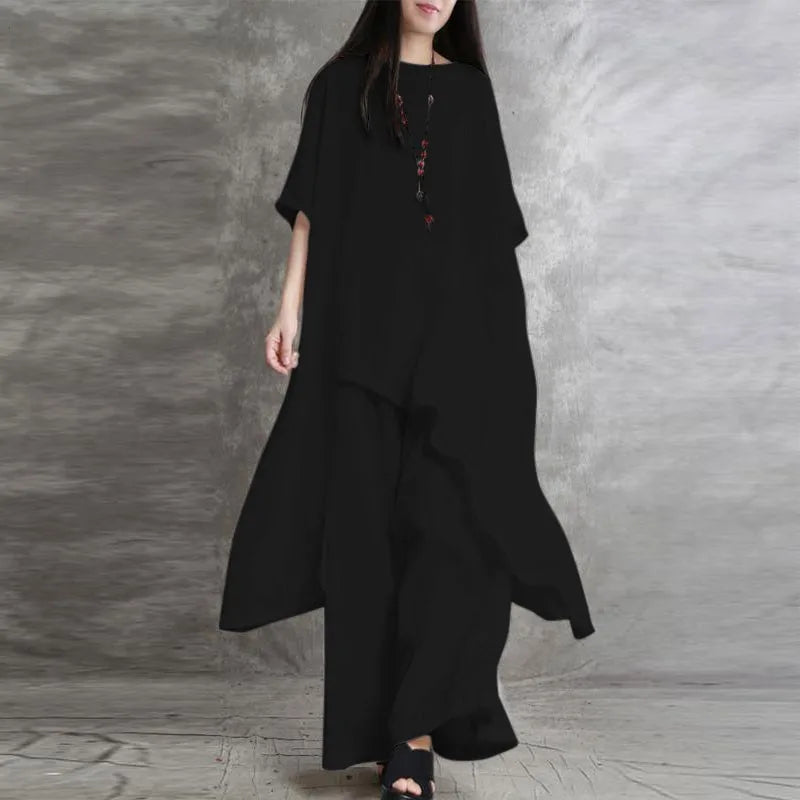 Loose Casual Cotton Linen Two Piece Set Fashion Round Neck Irregular Half Sleeved Extended Top Elastic Waist Wide Leg Pants Set
